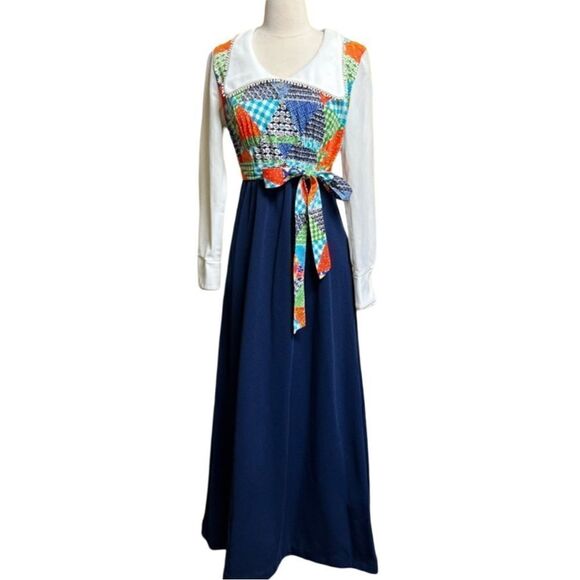 Vintage 70s Multicolor Rainbow Patchwork Pilgrim Collar Twofer Belted Maxi Dress - Picture 1 of 10
